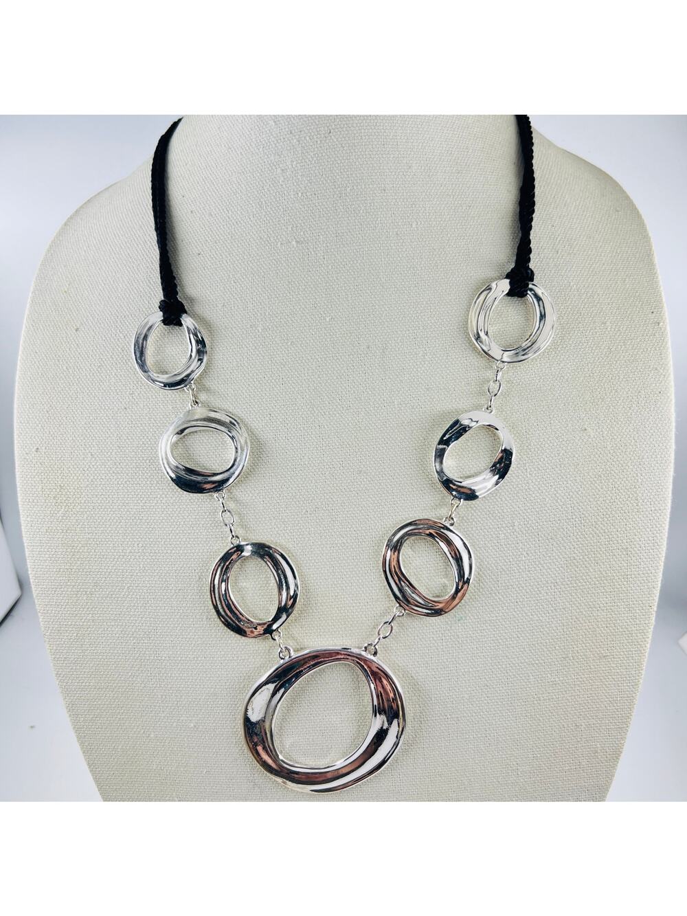 Chico’s Silver Tone Link Statement Necklace Black Cord Abstract Sculptural